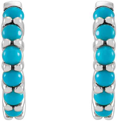 14K White Gold Natural Turquoise Cabochon Hinged 12.2 mm Hoop Earrings