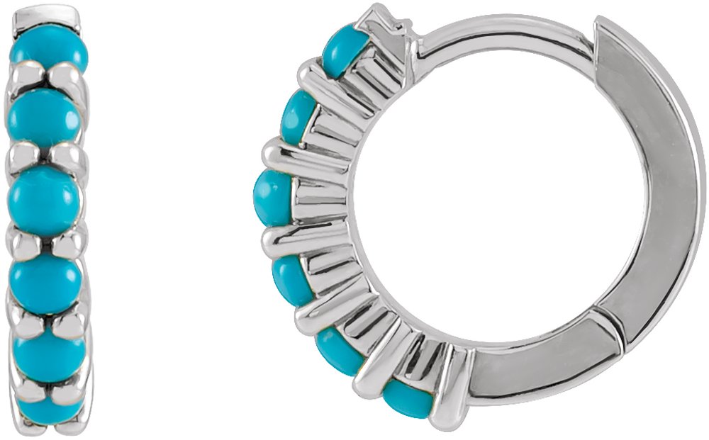 14K White Gold Natural Turquoise Cabochon Hinged 12.2 mm Hoop Earrings