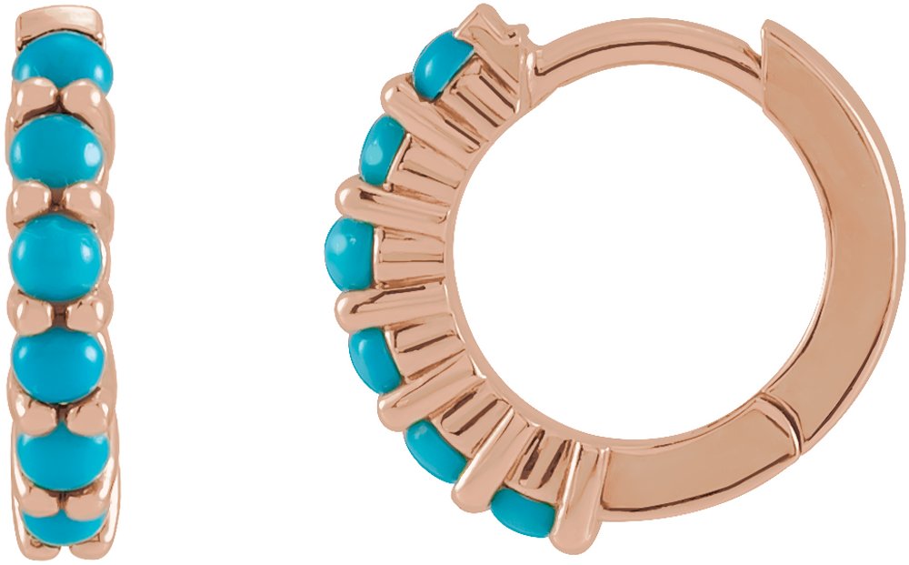 14K Rose Gold Natural Turquoise Cabochon Hinged 12.2 mm Hoop Earrings