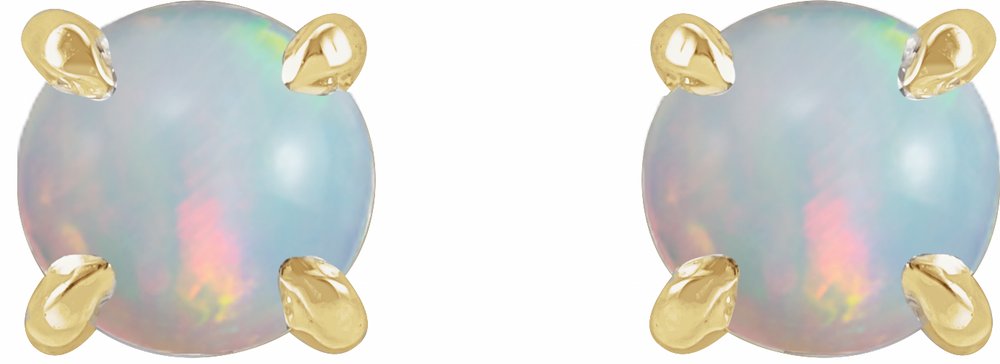 14K Yellow Gold Natural White Opal Cabochon Stud Earrings