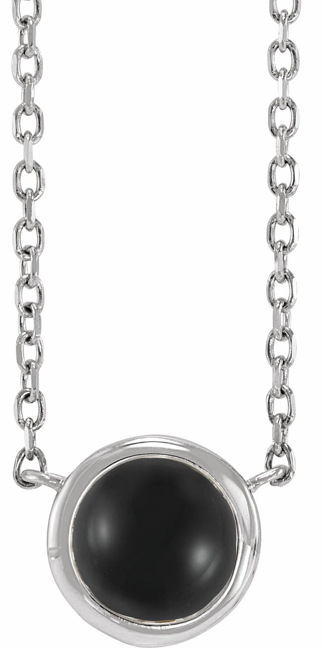 Sterling Silver Cabochon Natural Black Onyx Bezel-Set 18" Necklace