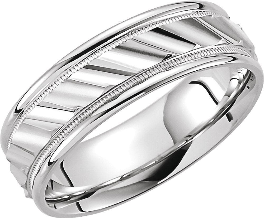 14K White Gold 6.75 mm Milgrain Edge Diagonal Grooved Comfort-Fit Half Round Band Size 11