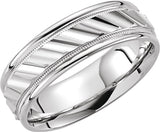 14K White Gold 6.75 mm Milgrain Edge Diagonal Grooved Comfort-Fit Half Round Band Size 11