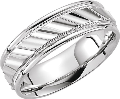 14K White Gold 6.75 mm Milgrain Edge Diagonal Grooved Comfort-Fit Half Round Band Size 11