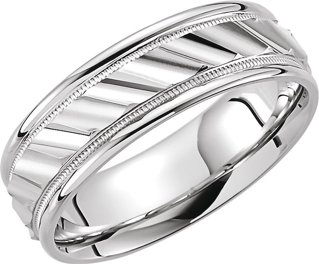 14K White Gold 6.75 mm Milgrain Edge Diagonal Grooved Comfort-Fit Half Round Band Size 11