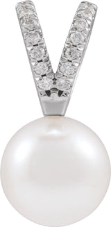 14K White Cultured White Akoya Pearl & .05 CTW Natural Diamond Pendant