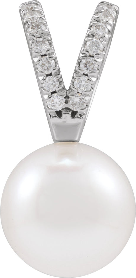 14K White Cultured White Akoya Pearl & .05 CTW Natural Diamond Pendant