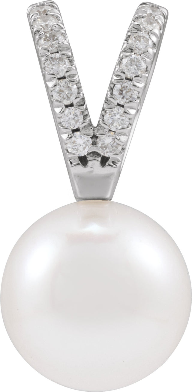 14K White Gold Cultured White Akoya Pearl & .04 CTW Natural Diamond Pendant