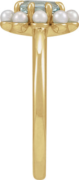 14K Yellow Natural Sky Blue Topaz & Cultured White Seed Pearl Halo-Style Ring