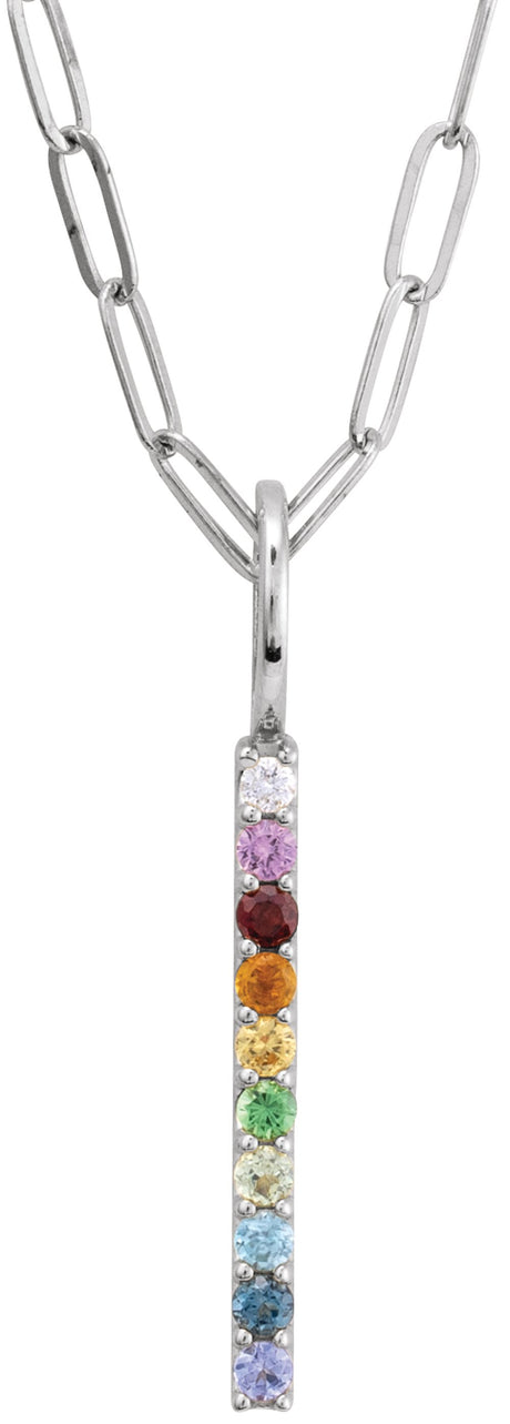 14K White Natural Multi-Gemstone & .02 CT Natural Diamond Rainbow Bar 18" Necklace