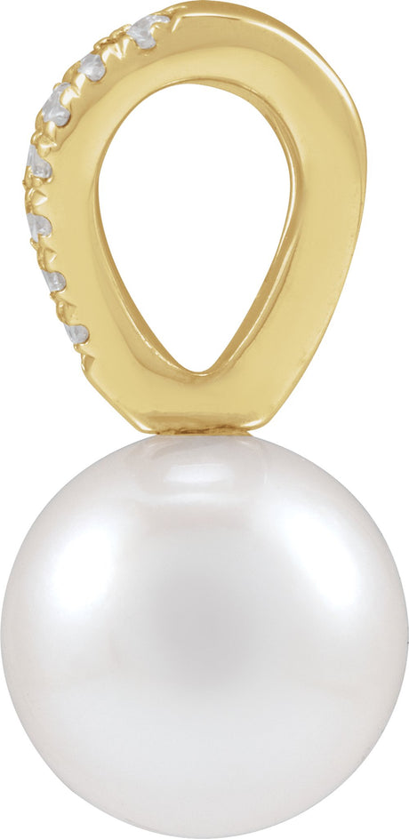 14K Yellow Cultured White Akoya Pearl & .05 CTW Natural Diamond Pendant