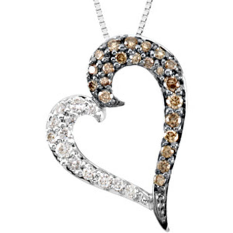 14K White Gold 1/4 CTW Brown & White Natural Diamond Heart 18" Necklace