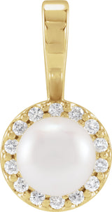 14K Yellow Gold Cultured White Akoya Pearl  & 1/8 CTW Natural Diamond Pendant 