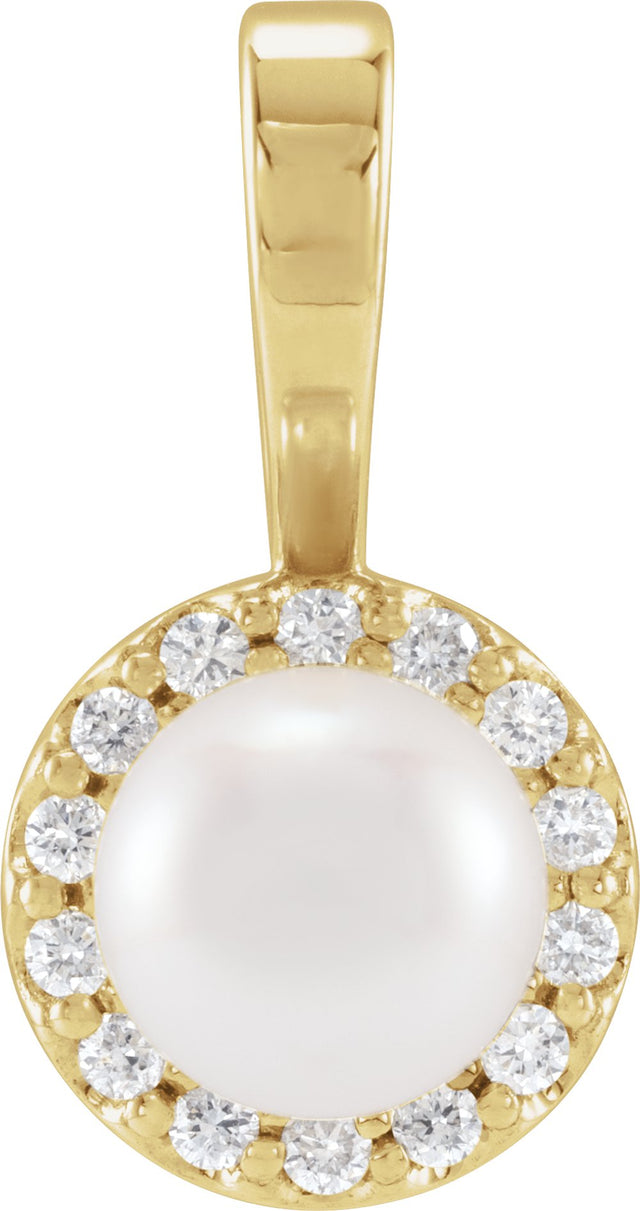 14K Yellow Gold Cultured White Akoya Pearl  & 1/8 CTW Natural Diamond Pendant 