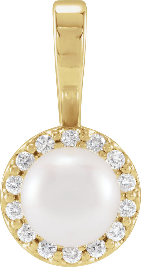 14K Yellow Cultured White Akoya Pearl  & 1/8 CTW Natural Diamond Pendant 