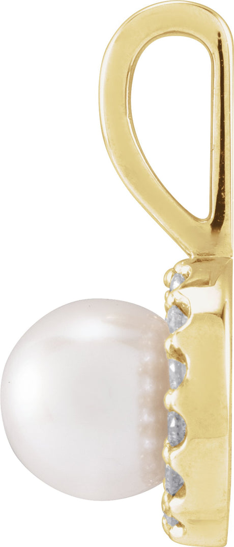 14K Yellow Gold Cultured White Akoya Pearl  & 1/10 CTW Natural Diamond Pendant 