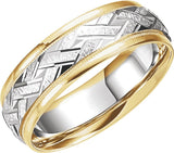 10K Yellow/White/Yellow Gold 7 mm Milgrain Woven-Design Comfort-Fit Half Round Band Size 10.5