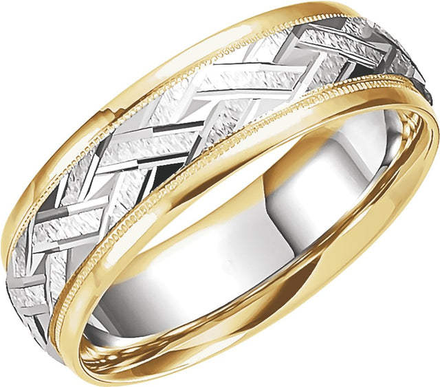 10K Yellow/White/Yellow Gold 7 mm Milgrain Woven-Design Comfort-Fit Half Round Band Size 10.5