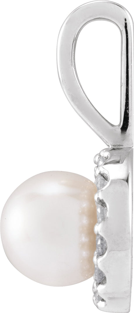 14K White Gold Cultured White Akoya Pearl  & 1/8 CTW Natural Diamond Pendant 