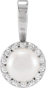 14K White Gold Cultured White Akoya Pearl  & 1/8 CTW Natural Diamond Pendant 