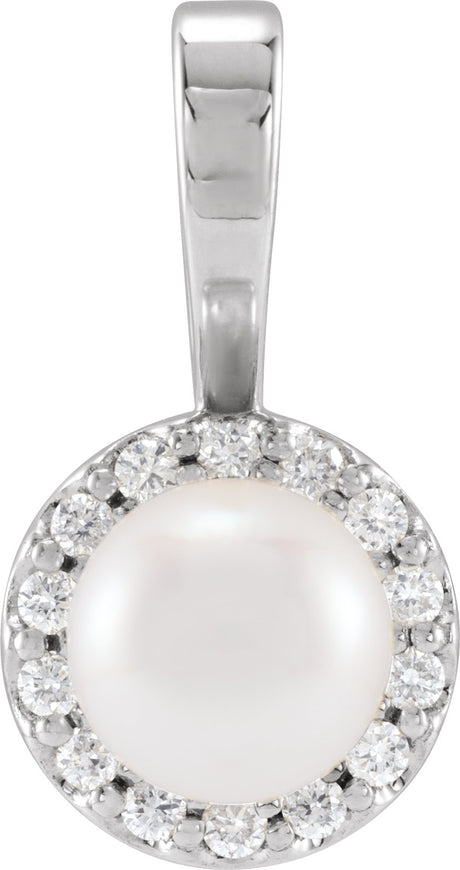 14K White Gold Cultured White Akoya Pearl  & 1/8 CTW Natural Diamond Pendant 