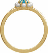 14K Yellow Natural London Blue Topaz & Cultured White Seed Pearl Halo-Style Ring