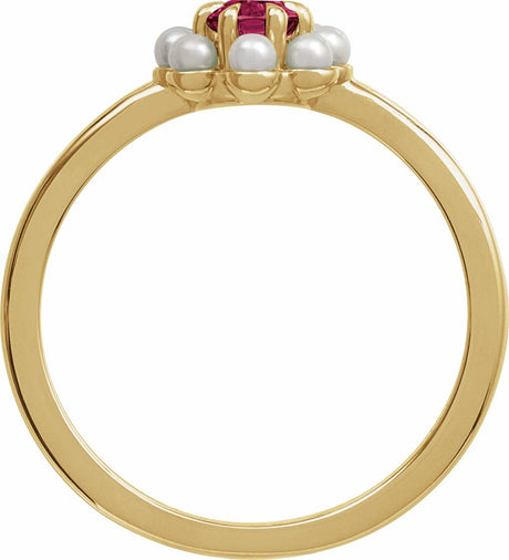 14K Yellow Natural Rhodolite Garnet & Cultured White Seed Pearl Halo-Style Ring