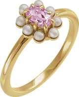 14K Yellow Gold Natural Pink Tourmaline & Cultured White Seed Pearl Halo-Style Ring