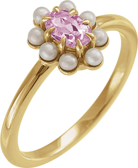 14K Yellow Natural Pink Tourmaline & Cultured White Seed Pearl Halo-Style Ring