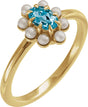 14K Yellow Natural London Blue Topaz & Cultured White Seed Pearl Halo-Style Ring