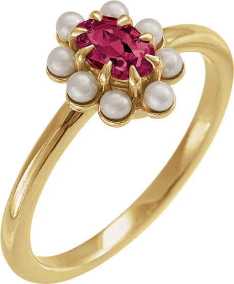 14K Yellow Natural Rhodolite Garnet & Cultured White Seed Pearl Halo-Style Ring