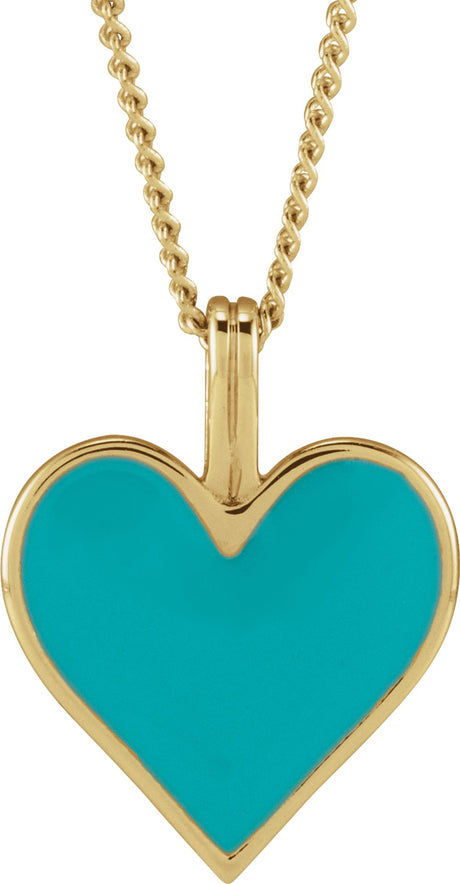 14K Yellow Light Turquoise Enamel Heart 18" Necklace 