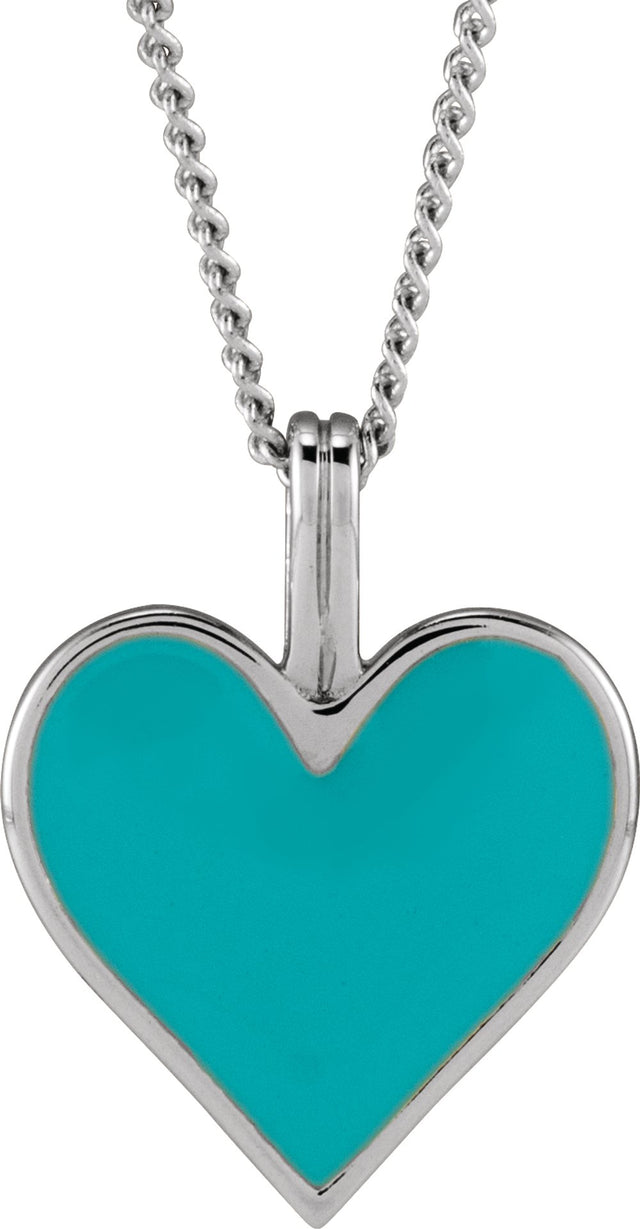 14K White Light Turquoise Enamel Heart 18" Necklace 