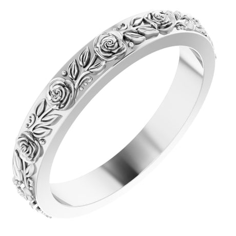 14K White Gold 3.4 mm  Floral Flat Band Size 8