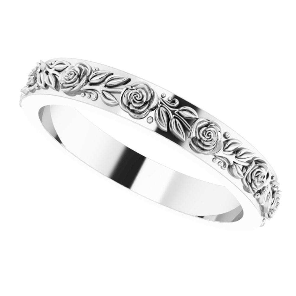 14K White Gold 3.4 mm  Floral Flat Band Size 8