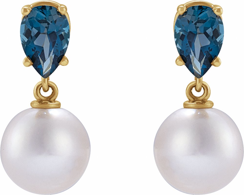 14K Yellow Cultured White Akoya Pearl & Natural London Blue Topaz Earrings