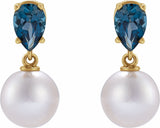 14K Yellow Cultured White Akoya Pearl & Natural London Blue Topaz Earrings