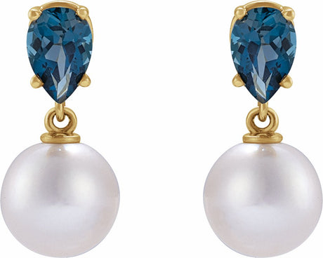 14K Yellow Cultured White Akoya Pearl & Natural London Blue Topaz Earrings