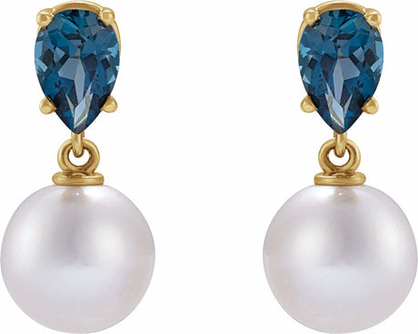 14K Yellow Gold Cultured White Akoya Pearl & Natural London Blue Topaz Earrings