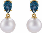 14K Yellow Gold Cultured White Akoya Pearl & Natural London Blue Topaz Earrings