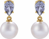 14K Yellow Cultured White Akoya Pearl & Natural Tanzanite Earrings