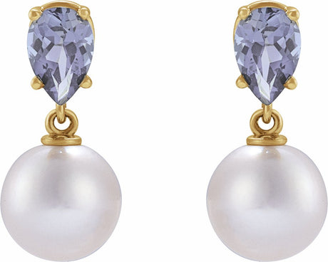 14K Yellow Cultured White Akoya Pearl & Natural Tanzanite Earrings