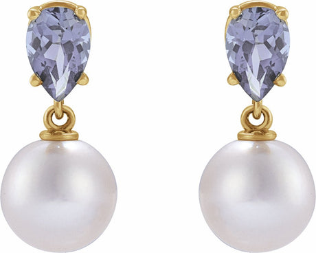 14K Yellow Cultured White Akoya Pearl & Natural Tanzanite Earrings