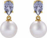 14K Yellow Gold Cultured White Akoya Pearl & Natural Tanzanite Earrings
