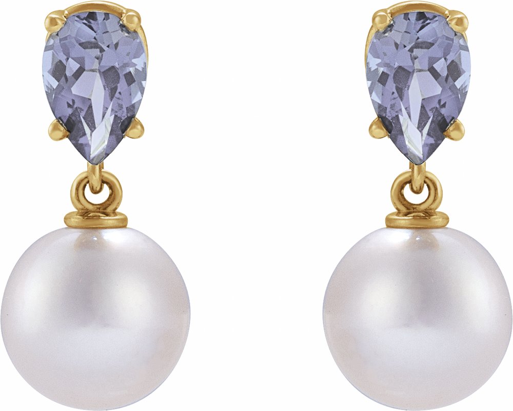 14K Yellow Gold Cultured White Akoya Pearl & Natural Tanzanite Earrings