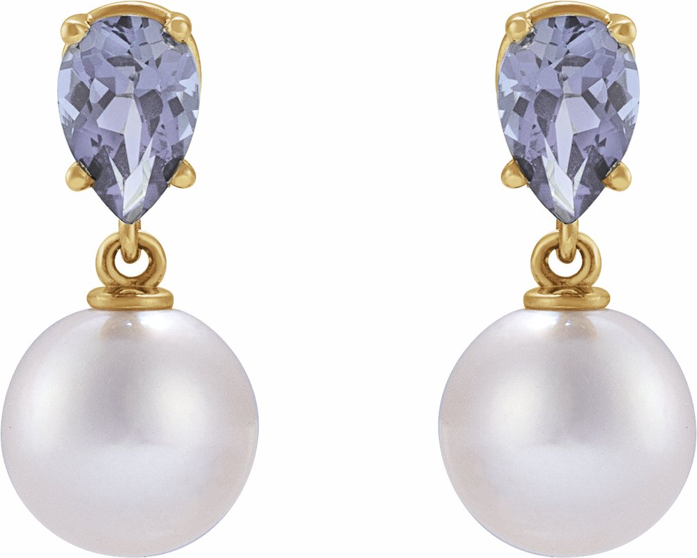 14K Yellow Cultured White Akoya Pearl & Natural Tanzanite Earrings