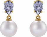 14K Yellow Cultured White Akoya Pearl & Natural Tanzanite Earrings