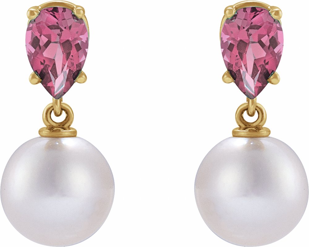 14K Yellow Cultured White Akoya Pearl & Natural Pink Tourmaline Earrings