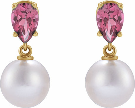 14K Yellow Cultured White Akoya Pearl & Natural Pink Tourmaline Earrings