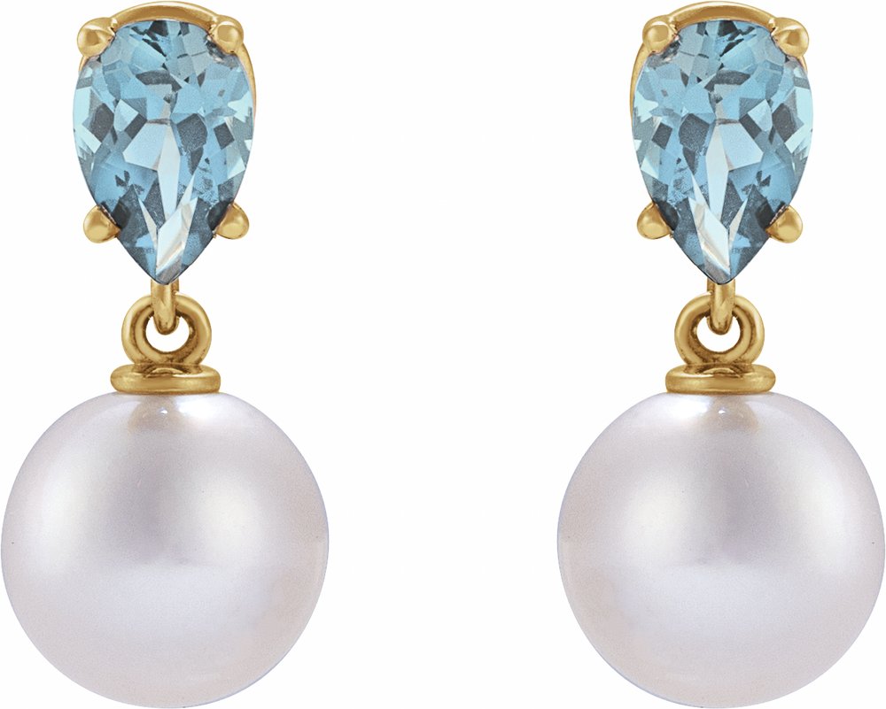 14K Yellow Cultured White Akoya Pearl & Natural Aquamarine Earrings